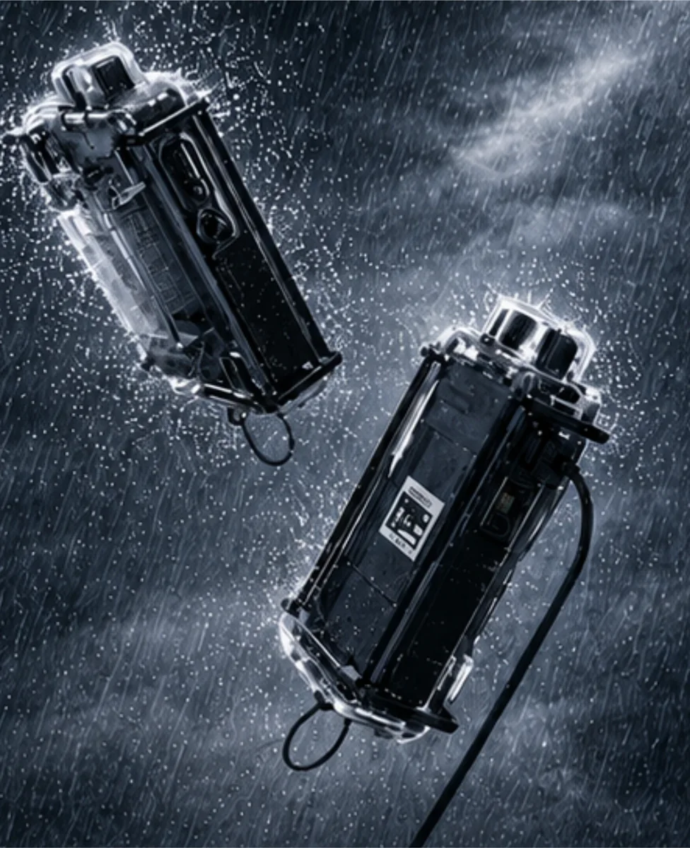 降りしきる雨のなかの ALVO1.9 と IP67 防水ケース B-ALC2