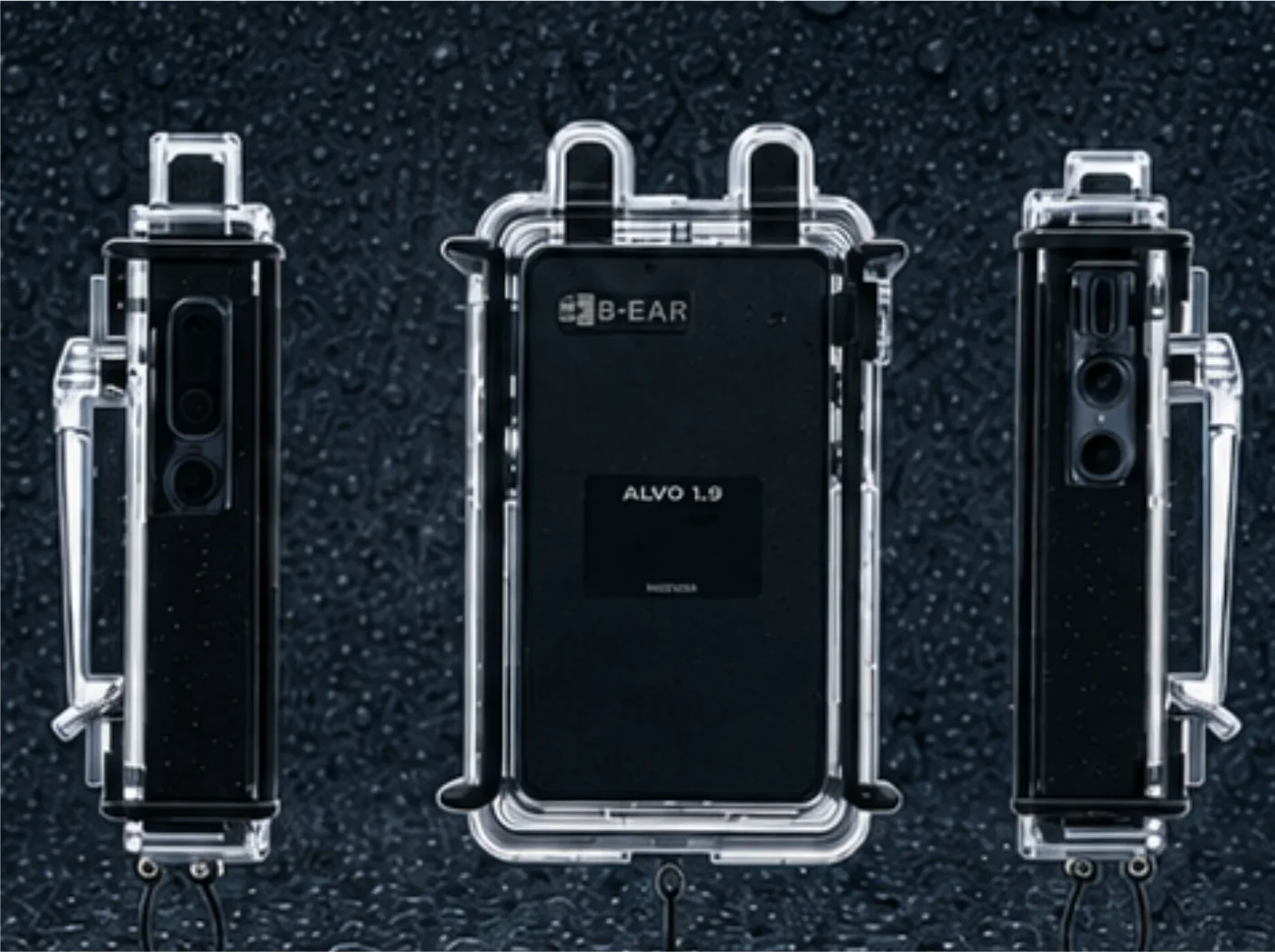 IP67 防水ケース B-ALC2 を装着した ALVO1.9 の前面と左右の側面